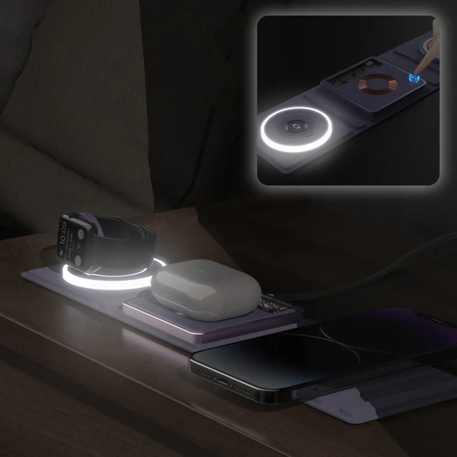 Base de carga plegable portátil Magsafe 15W + Qi + Apple Watch. Luz led de noche.
