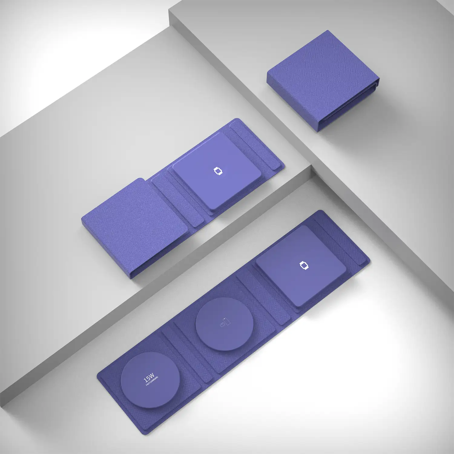 Base de carga plegable portátil, de cuero. Magsafe 15W + Qi 5W + SmartWatch 3W.