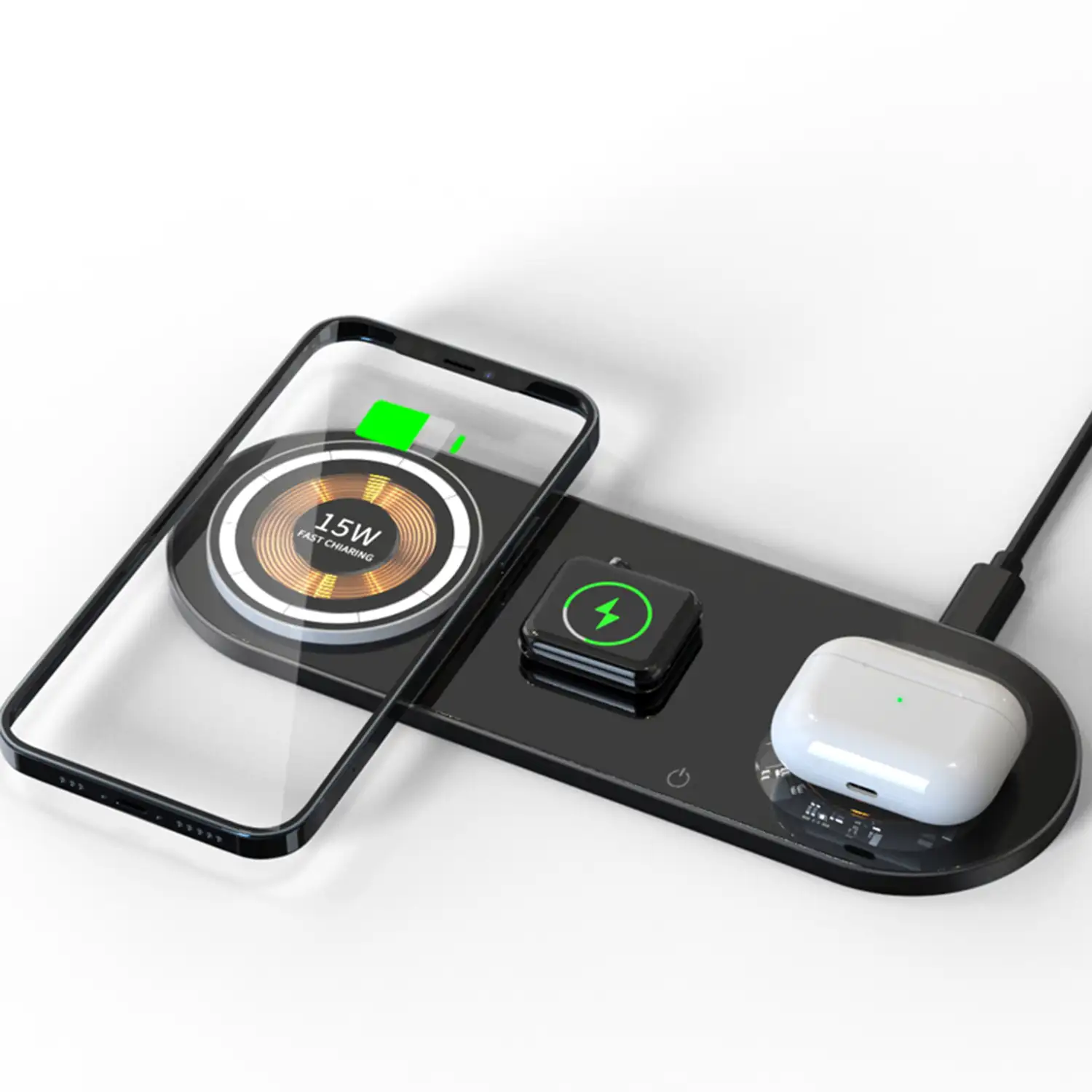 Base de carga inalámbrica de Magsafe 15W + Qi 15W y Apple Watch. Con luz de noche led. Base de carga triple.