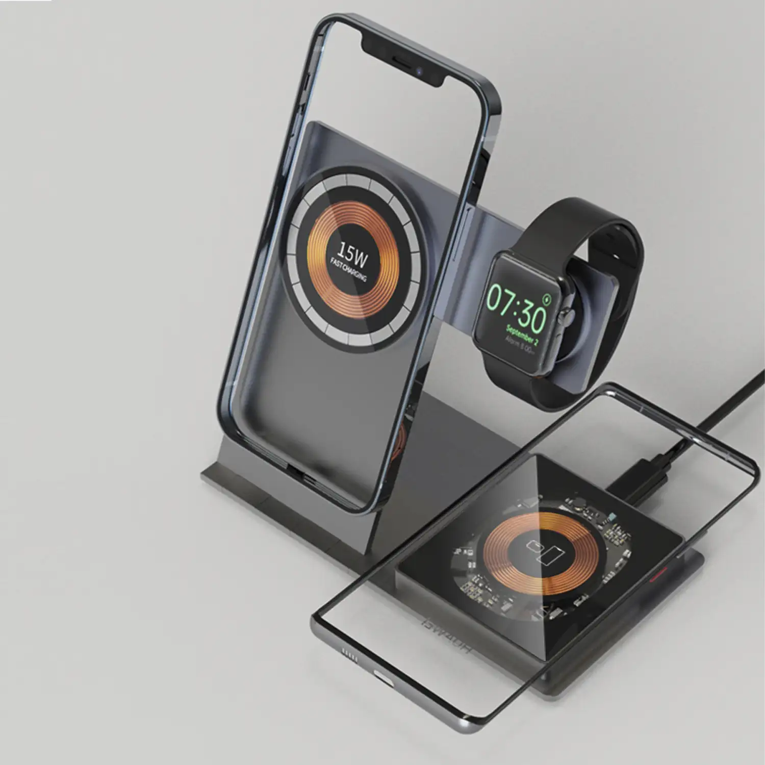 Base de carga plegable Magsafe 15W + base Qi 15W y cargador Apple Watch. Función stand.
