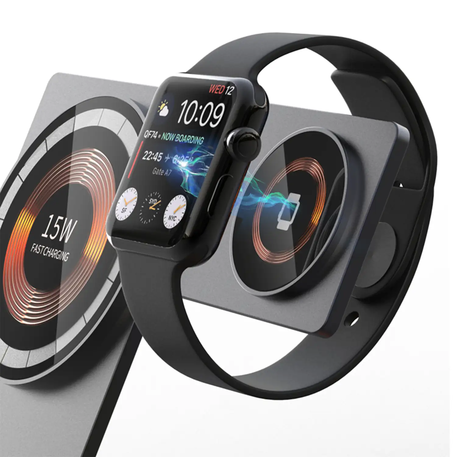 Base de carga plegable Magsafe 15W + base Qi 15W y cargador Apple Watch. Función stand.