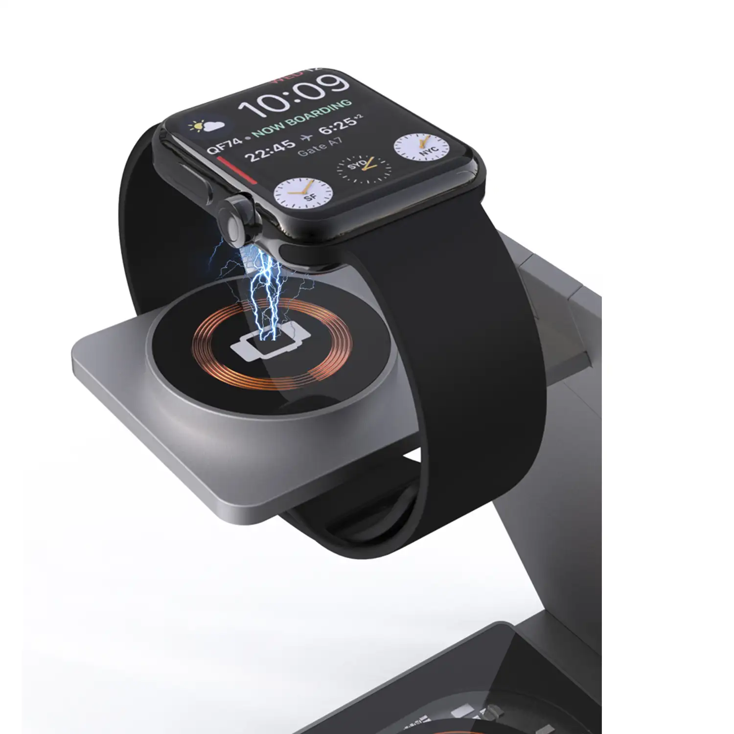 Base de carga plegable Magsafe 15W + base Qi 15W y cargador Apple Watch. Función stand.