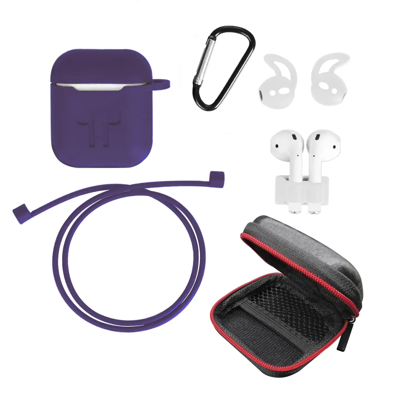 Pack de accesorios para Airpods, con funda semirrígida, carcasa para base de carga, mosquetón, almohadillas, correa y enganche para el reloj.