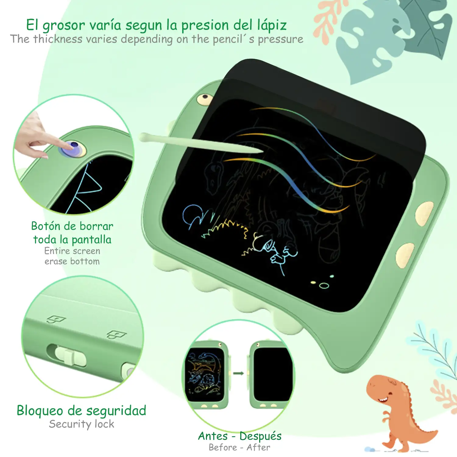 Tableta de Escritura y Dibujo LCD 8,5 Pulgadas con forma de Dinosaurio.