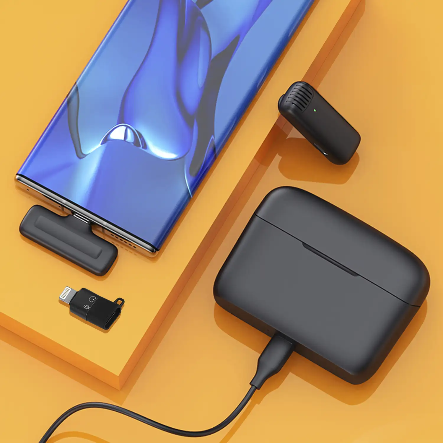 Micrófono inalámbrico portátil J11 Clip. Incluye micro y receptor. Para smartphone, cámaras y portátiles. Conexión USB-C + Lightning.