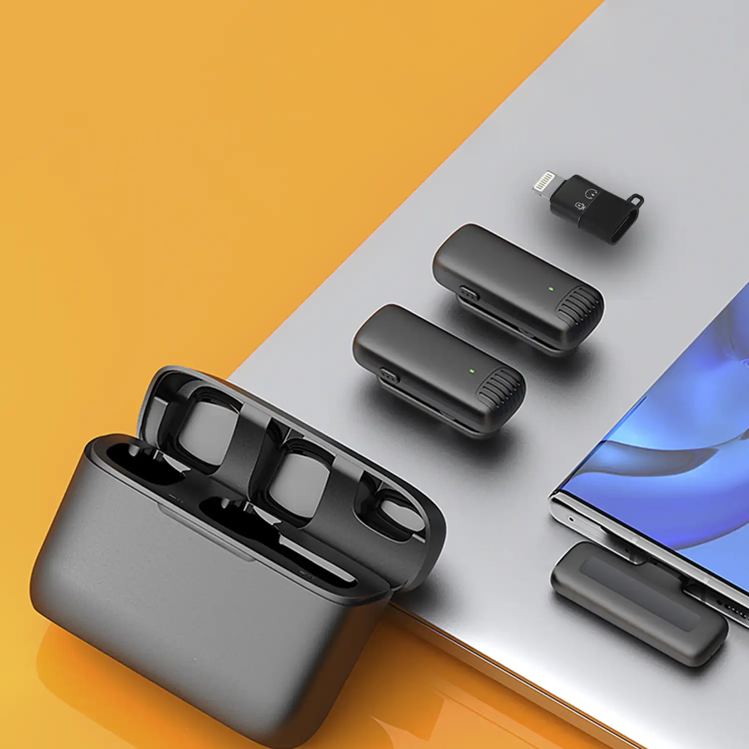 Micrófono inalámbrico portátil J13 Clip. Incluye 2 micros y 1 receptor. Para smartphone, cámaras y portátiles. Conexión USB-C + Lightning.