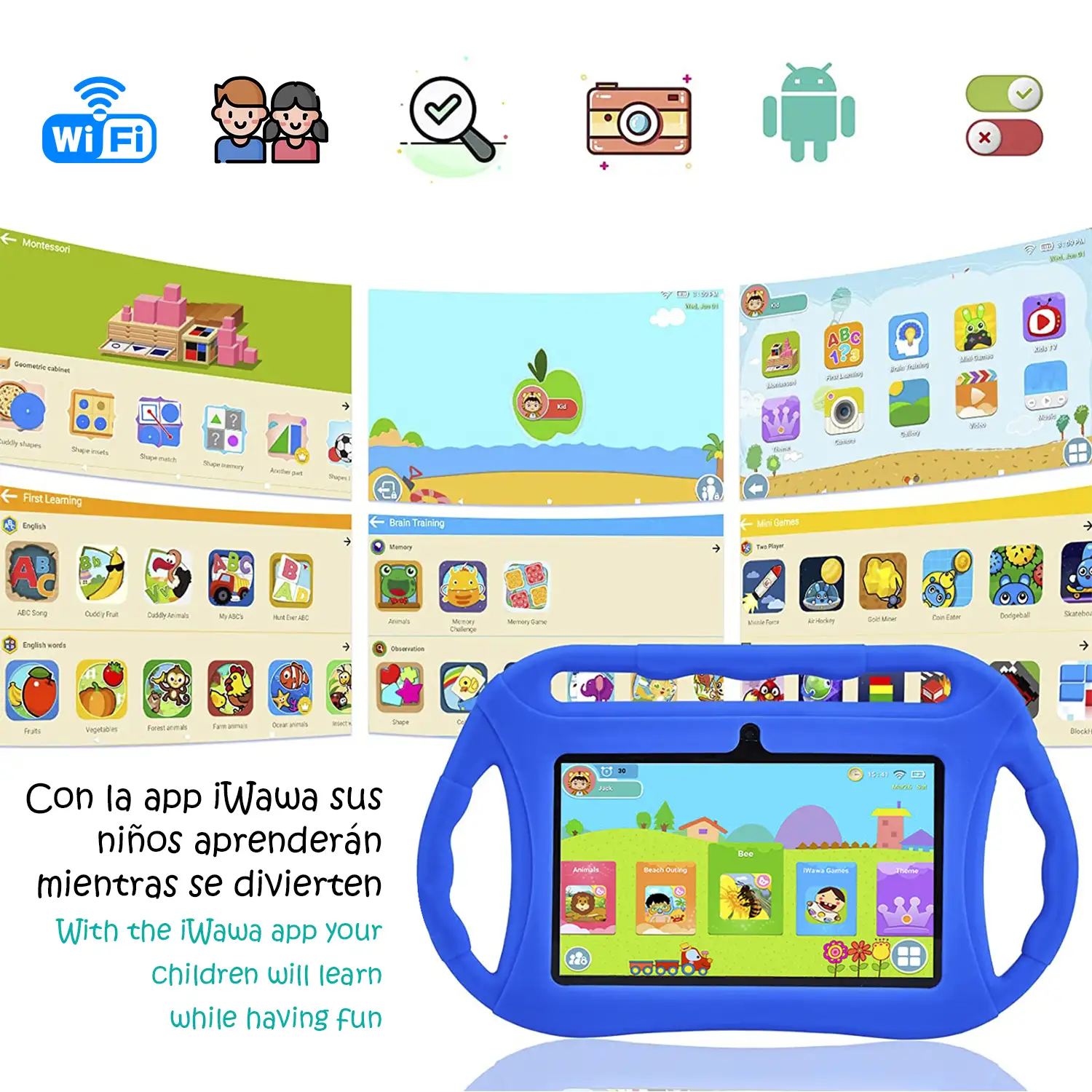 Tablet Infantil Q8 WiFi. SO Android 10 con IWAWA. Pantalla 7'' 1024x600px. Allwinner A100,ARM Cortex™-A53 Quad-Core,1.6Ghz 2GB RAM + 32GB. Doble cámara, carcasa de silicona.