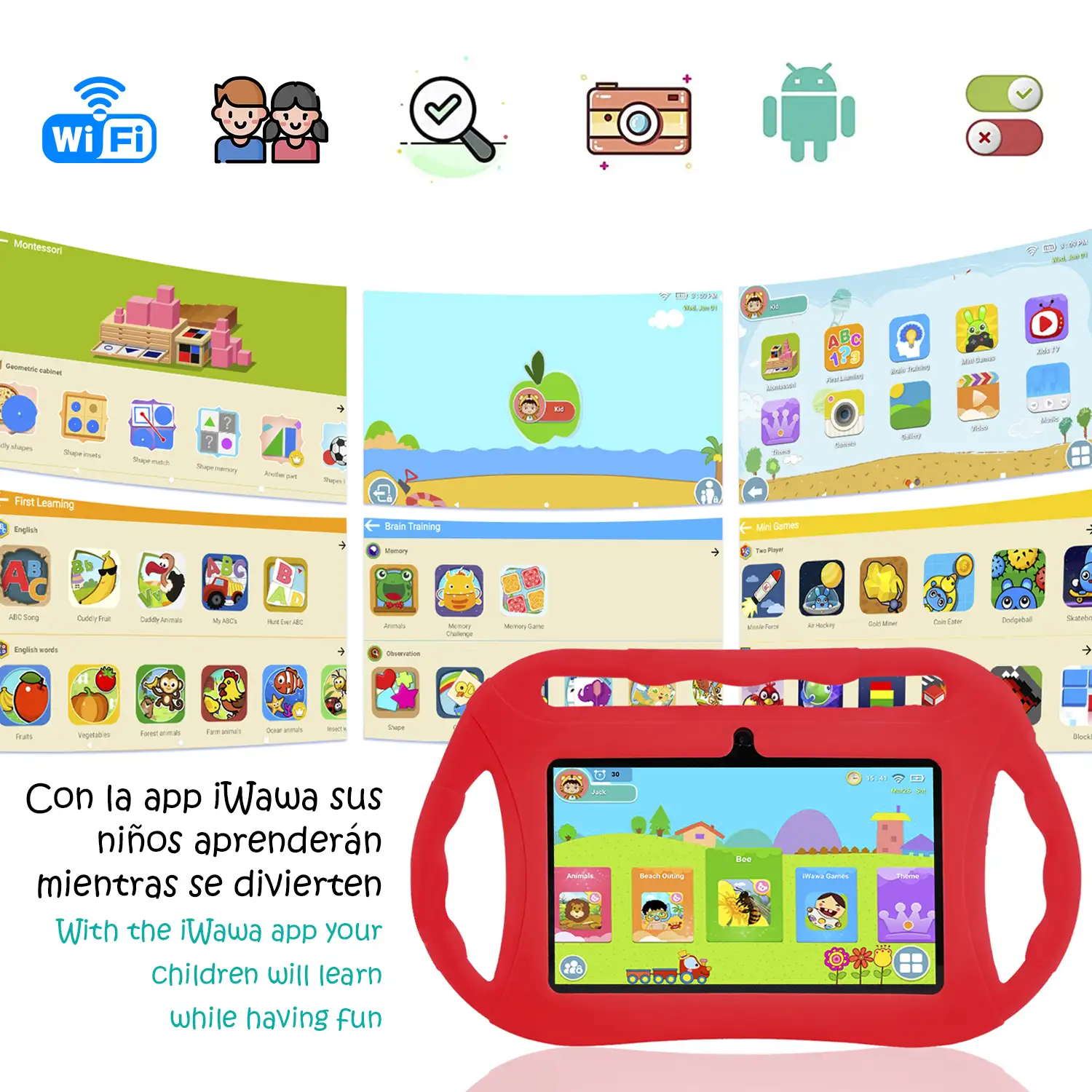 Tablet Infantil Q8 WiFi. SO Android 10 con IWAWA. Pantalla 7'' 1024x600px. Allwinner A100,ARM Cortex™-A53 Quad-Core,1.6Ghz 2GB RAM + 32GB. Doble cámara, carcasa de silicona.