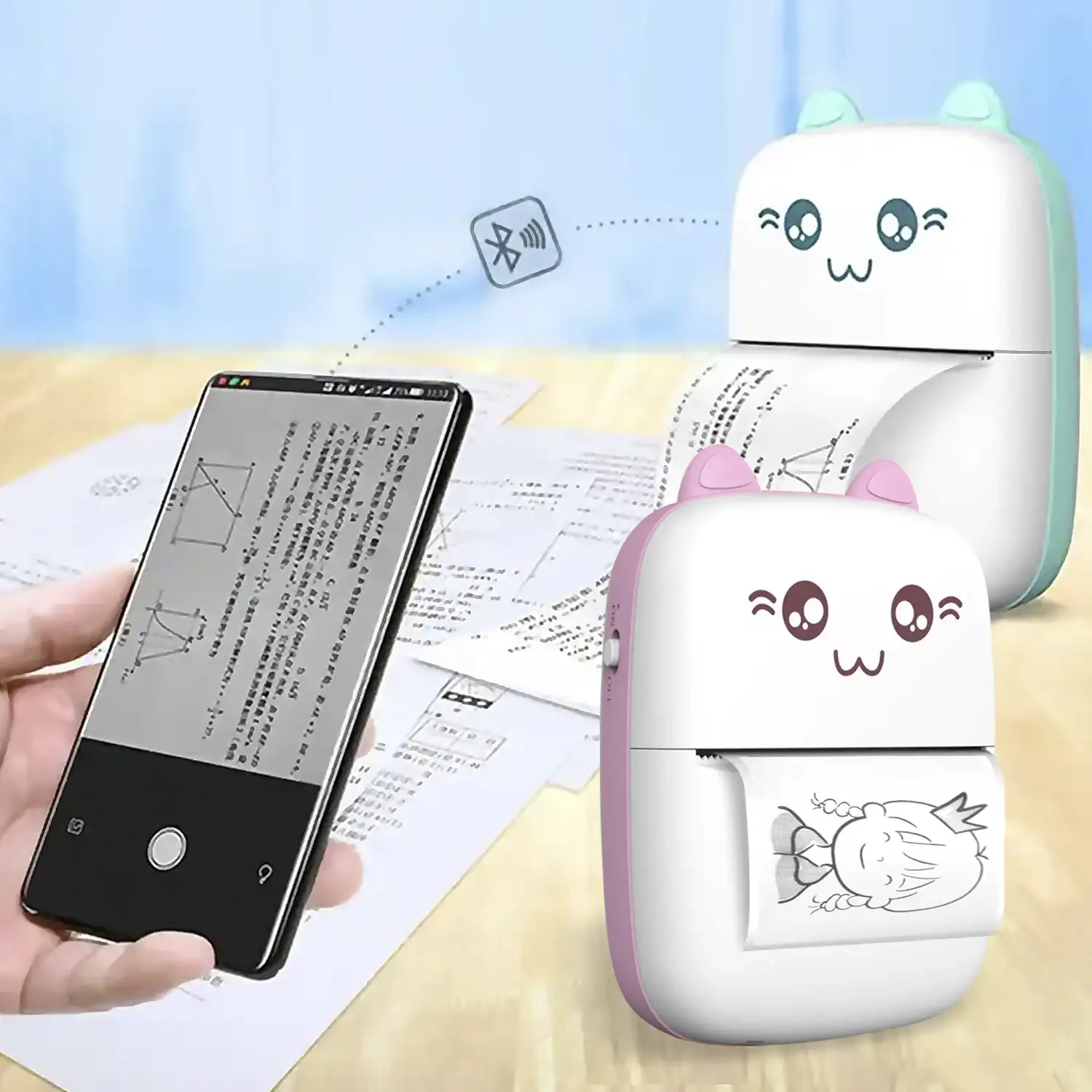 Mini impresora térmica Bluetooth portátil, forma de gatito, compatible con Android e iOS. 203dpi.
