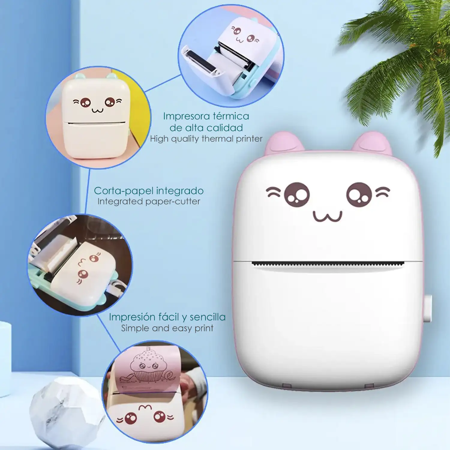 Mini impresora térmica Bluetooth portátil, forma de gatito, compatible con Android e iOS. 203dpi.