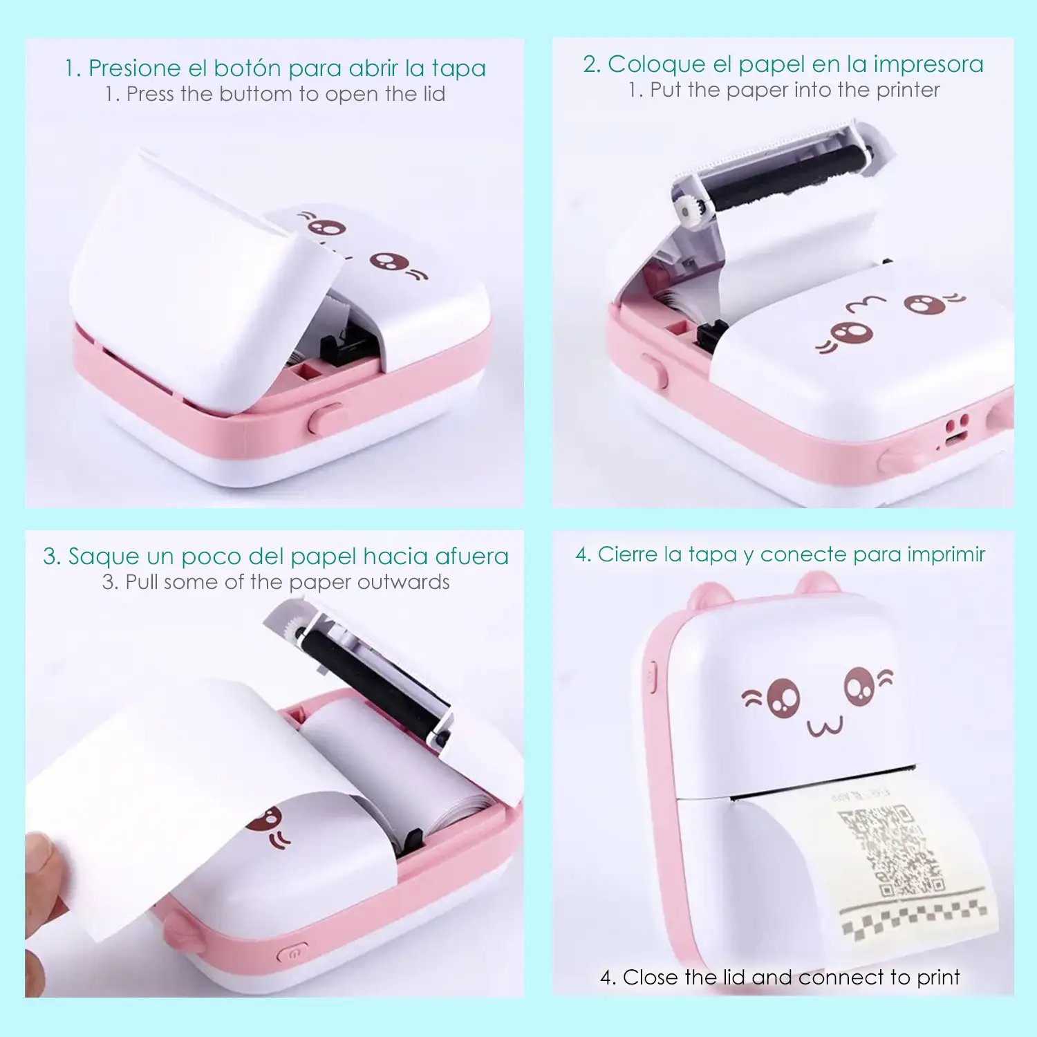 Mini impresora térmica Bluetooth portátil, forma de gatito, compatible con Android e iOS. 203dpi.