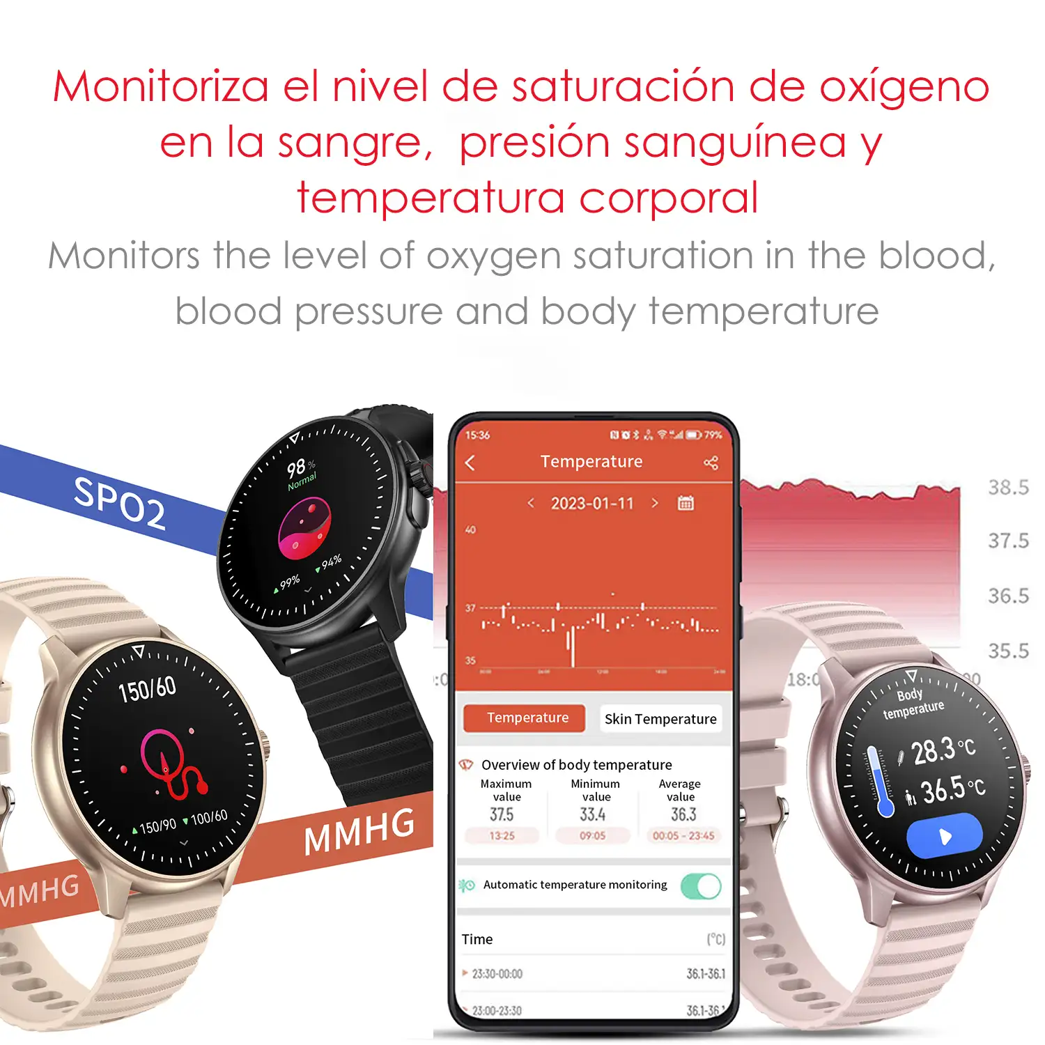 Smartwatch ZW45 con notificaciones de Apps, llamadas Bluetooth. Monitor  de tensión y oxígeno en sangre. Corona multifunción.