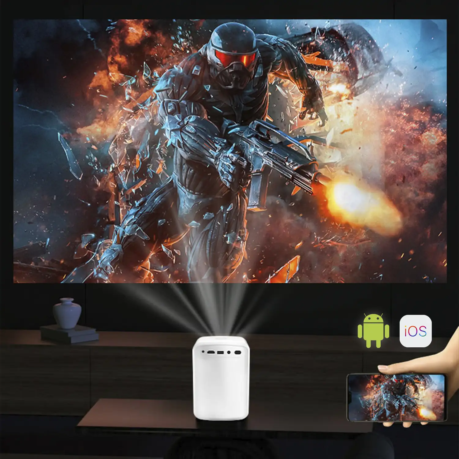 Video proyector LCD A6, con WiFi y Bluetooth. Resolución nativa HD720, 32 a 150 pulgadas. Duplicación de pantalla para iOS y Android.