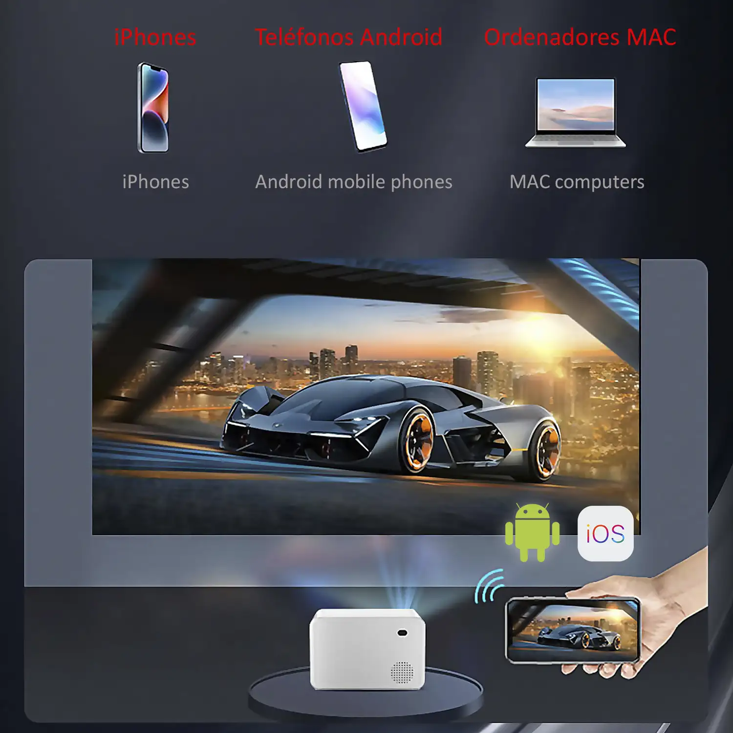 Video proyector LCD P2, con WiFi y Bluetooth. Resolución nativa HD720, 32 a 150 pulgadas. Duplicación de pantalla para iOS y Android.