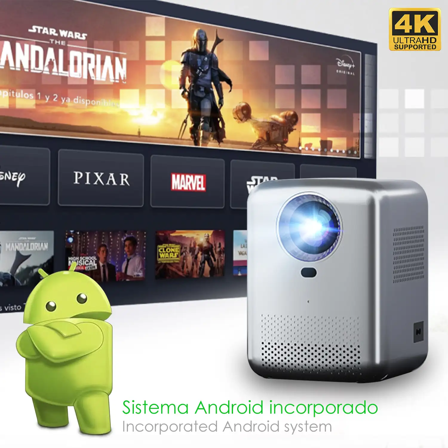 Video proyector LCD T8 con Android incorporado, con WiFi y Bluetooth. Resolución nativa HD720, 32 a 150 pulgadas. Soporta 4K.