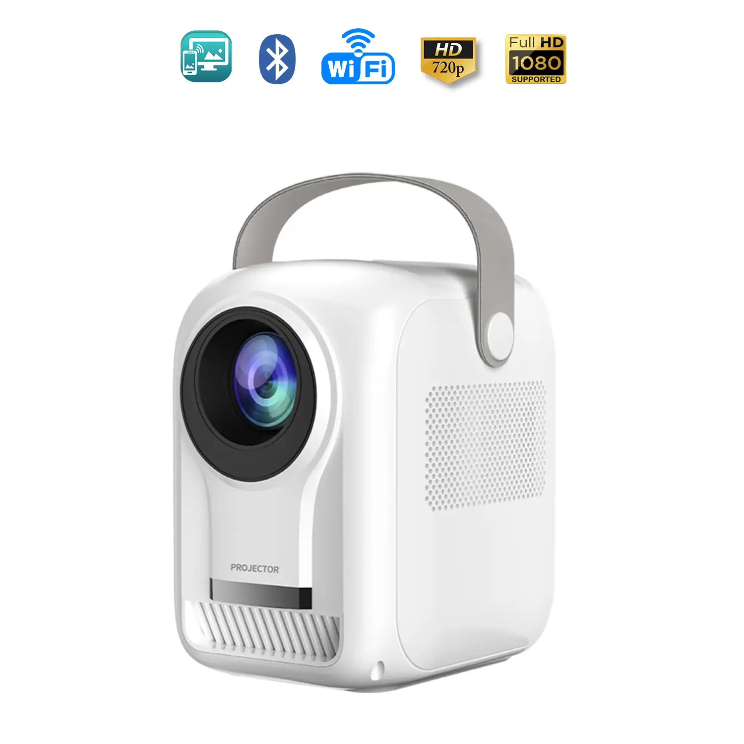 Video proyector LCD A2 vertical, con WiFi y Bluetooth. Resolución nativa HD720, 32 a 150 pulgadas. Duplicación de pantalla para iOS y Android.