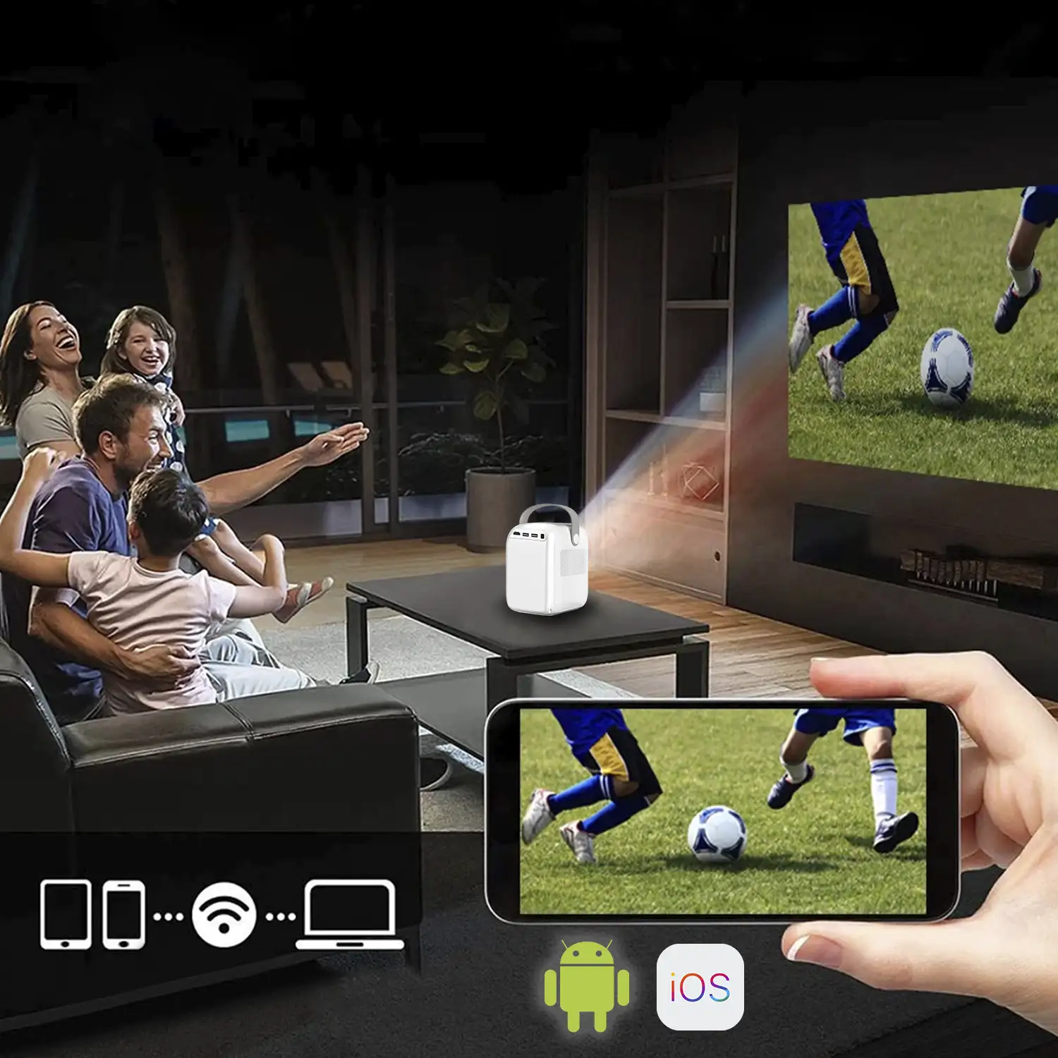 Video proyector LCD A2 vertical, con WiFi y Bluetooth. Resolución nativa HD720, 32 a 150 pulgadas. Duplicación de pantalla para iOS y Android.