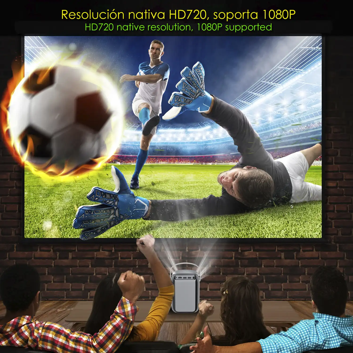Video proyector LCD A2 vertical, con WiFi y Bluetooth. Resolución nativa HD720, 32 a 150 pulgadas. Duplicación de pantalla para iOS y Android.