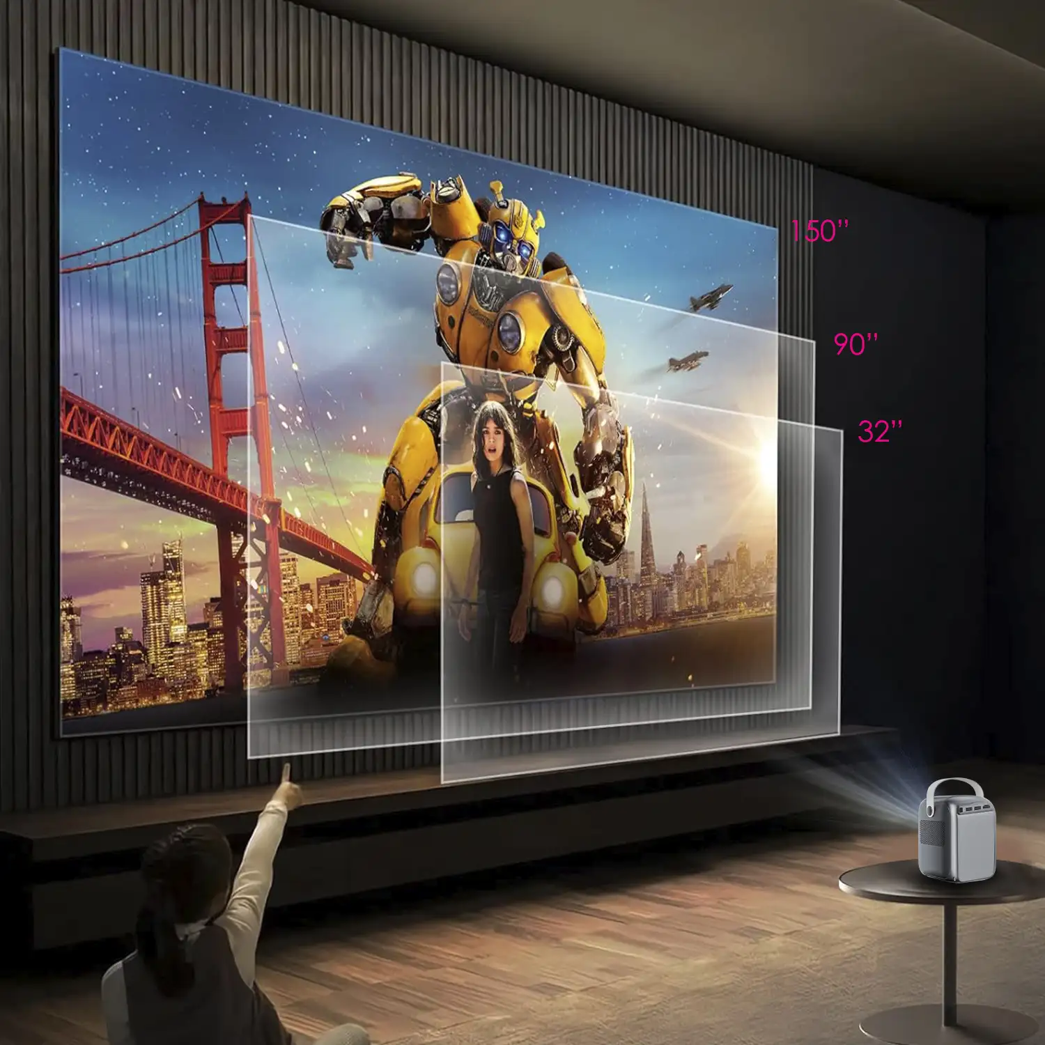 Video proyector LCD A2 vertical, con WiFi y Bluetooth. Resolución nativa HD720, 32 a 150 pulgadas. Duplicación de pantalla para iOS y Android.