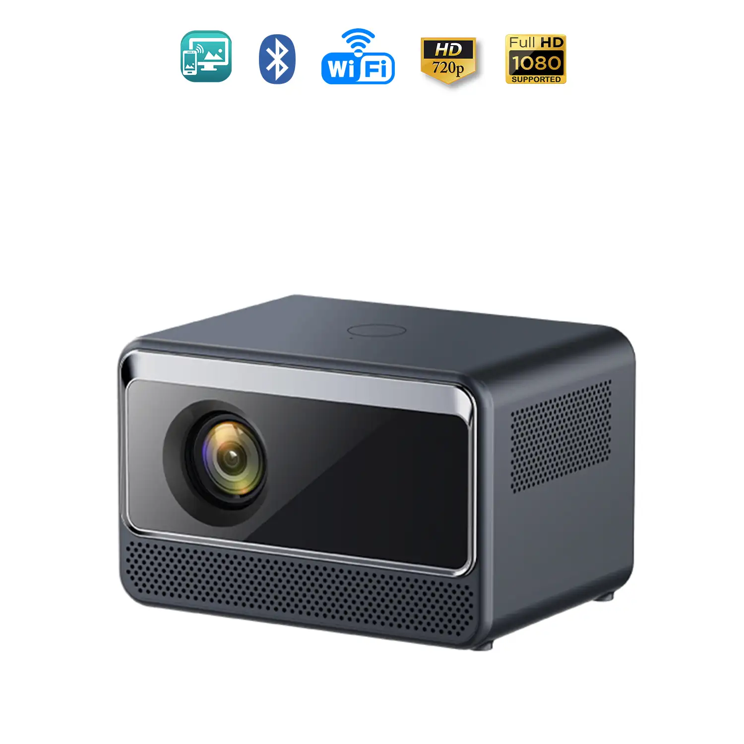 Video proyector LCD A2 horizontal, con WiFi y Bluetooth. Resolución nativa HD720, 32 a 150 pulgadas. Duplicación de pantalla para iOS y Android.