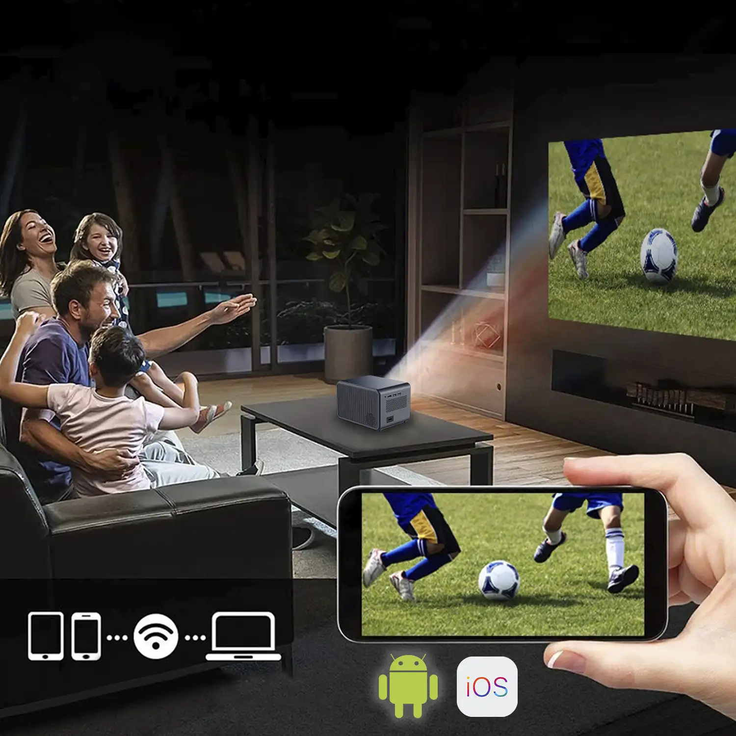 Video proyector LCD A2 horizontal, con WiFi y Bluetooth. Resolución nativa HD720, 32 a 150 pulgadas. Duplicación de pantalla para iOS y Android.