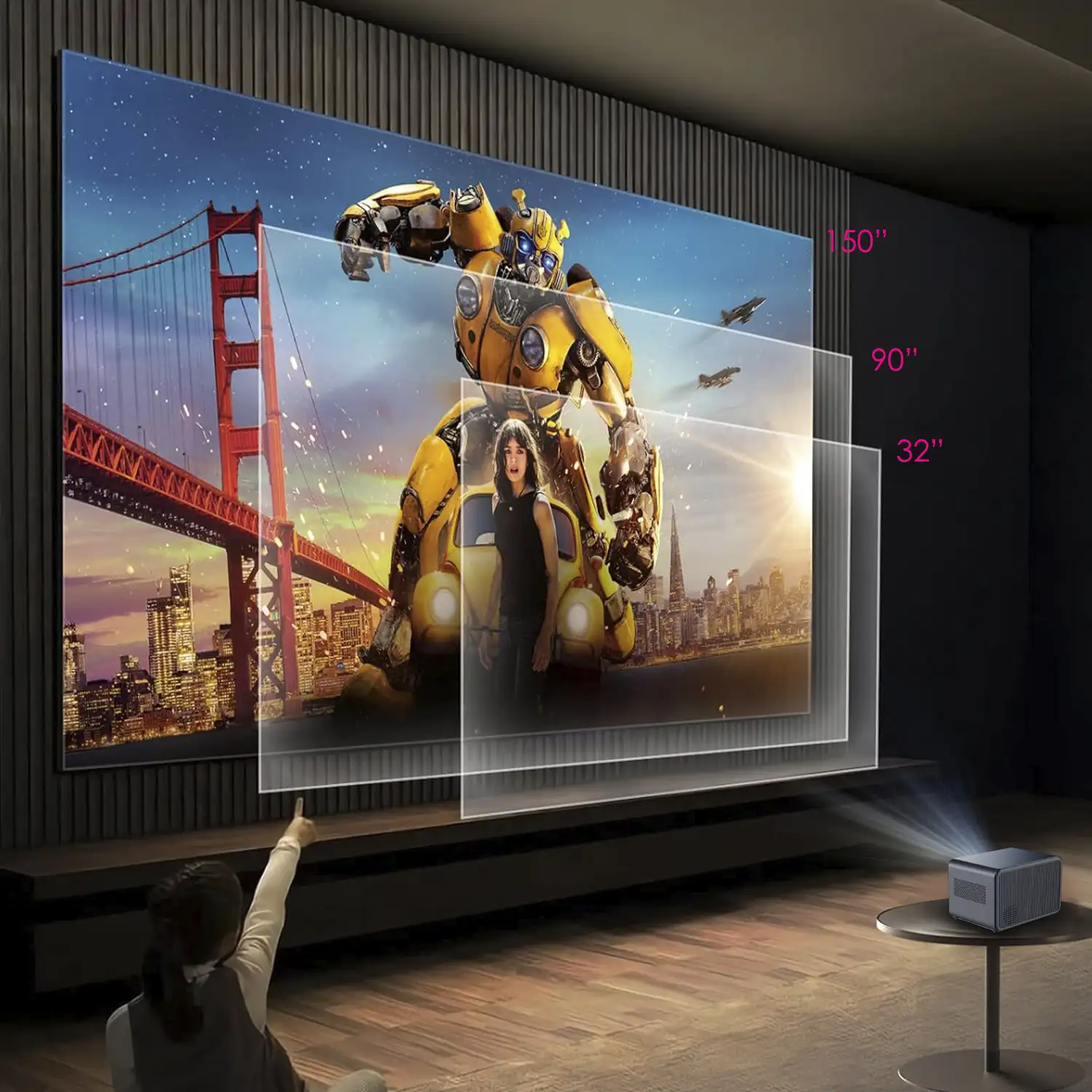 Video proyector LCD A2 horizontal, con WiFi y Bluetooth. Resolución nativa HD720, 32 a 150 pulgadas. Duplicación de pantalla para iOS y Android.
