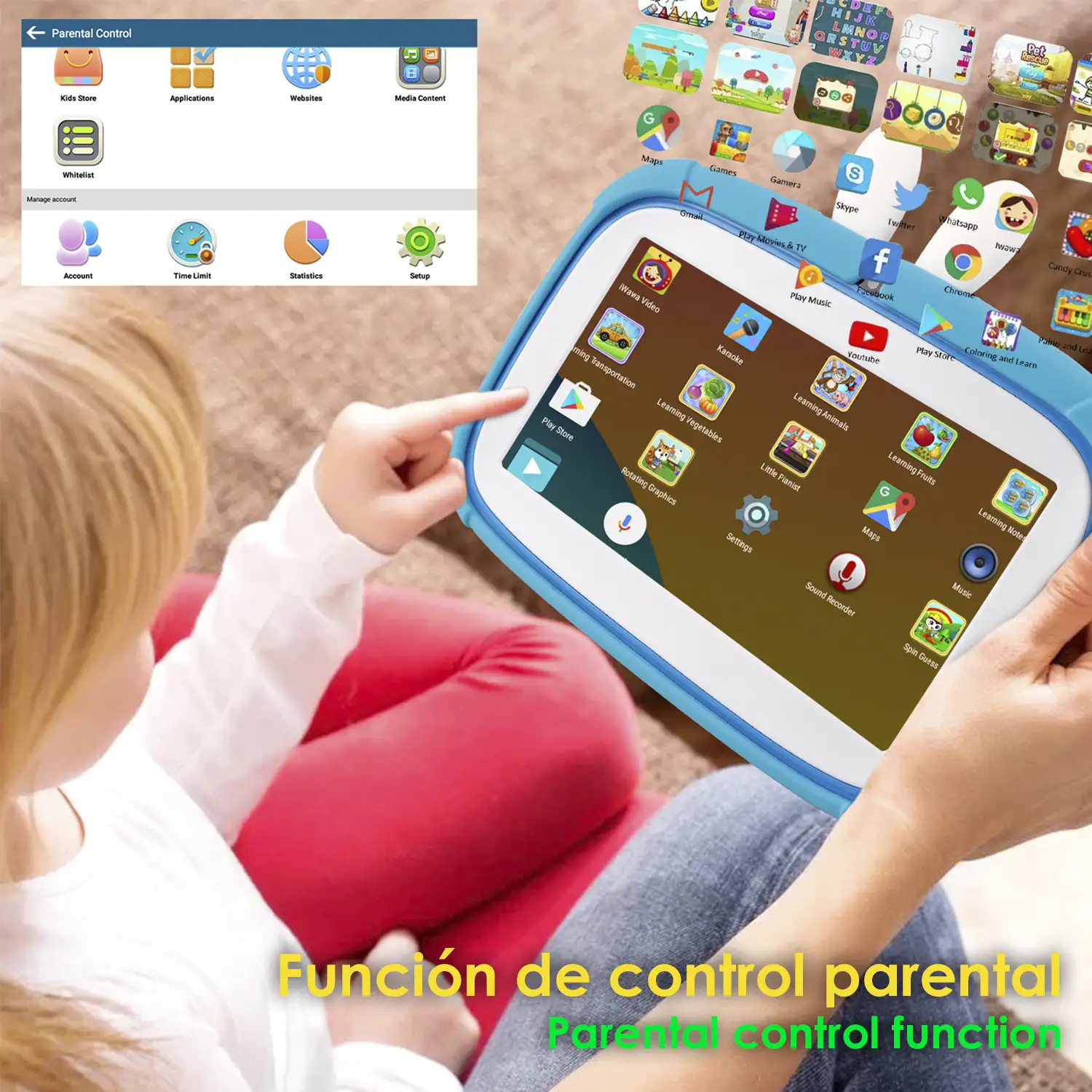 Tablet Infantil A133 WiFi. SO Android 11. Pantalla 7'' 1024x600px. Quad-core ARM Cortex™ A53. 2GB RAM + 32GB. Doble cámara.