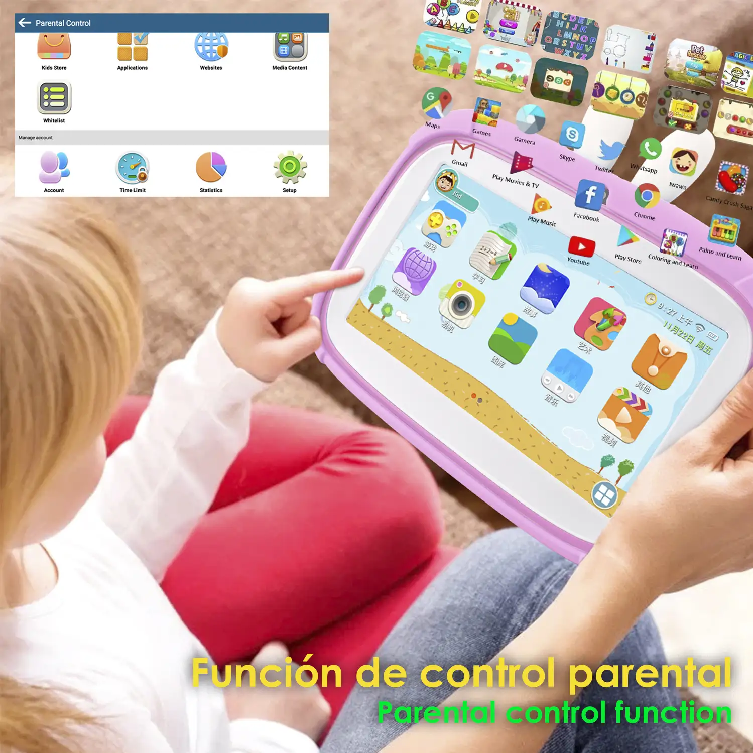 Tablet Infantil A133 WiFi. SO Android 11. Pantalla 7'' 1024x600px. Quad-core ARM Cortex™ A53. 2GB RAM + 32GB. Doble cámara.