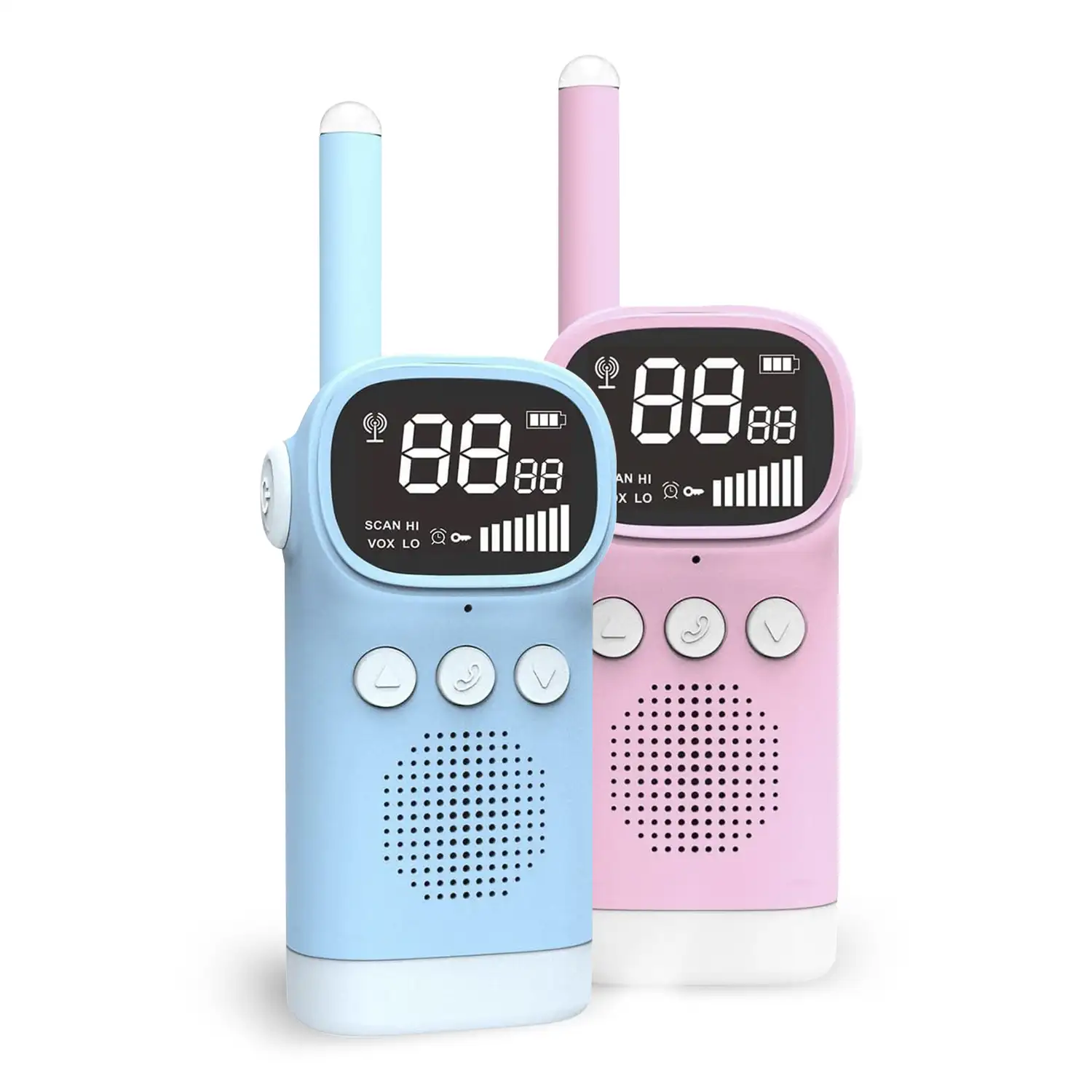 Walkie Talkies infantiles D20, 1-3 km, pantalla de 1,5 LCD, 99 códigos de grupo encriptados. 2 unidades.