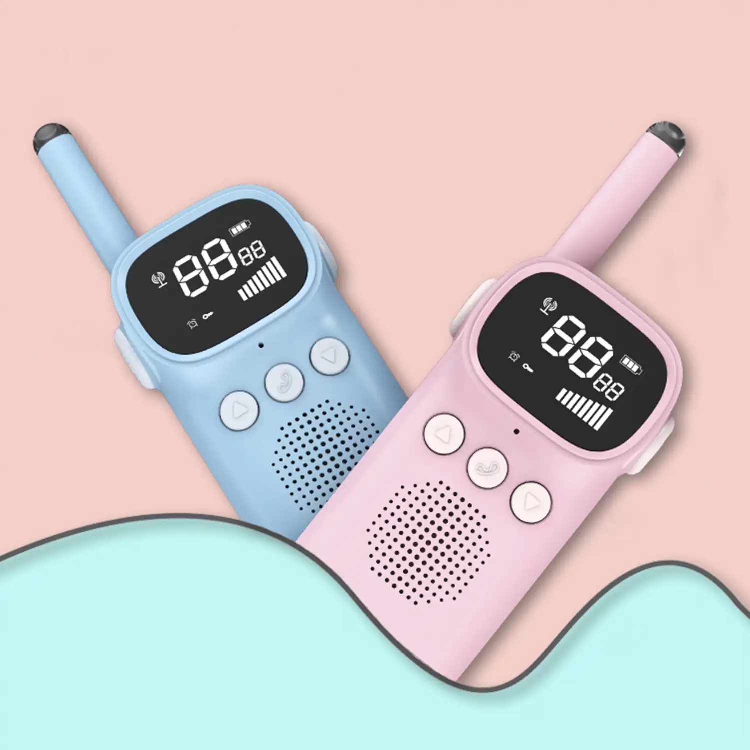 Walkie Talkies infantiles D20, 1-3 km, pantalla de 1,5 LCD, 99 códigos de grupo encriptados. 2 unidades.