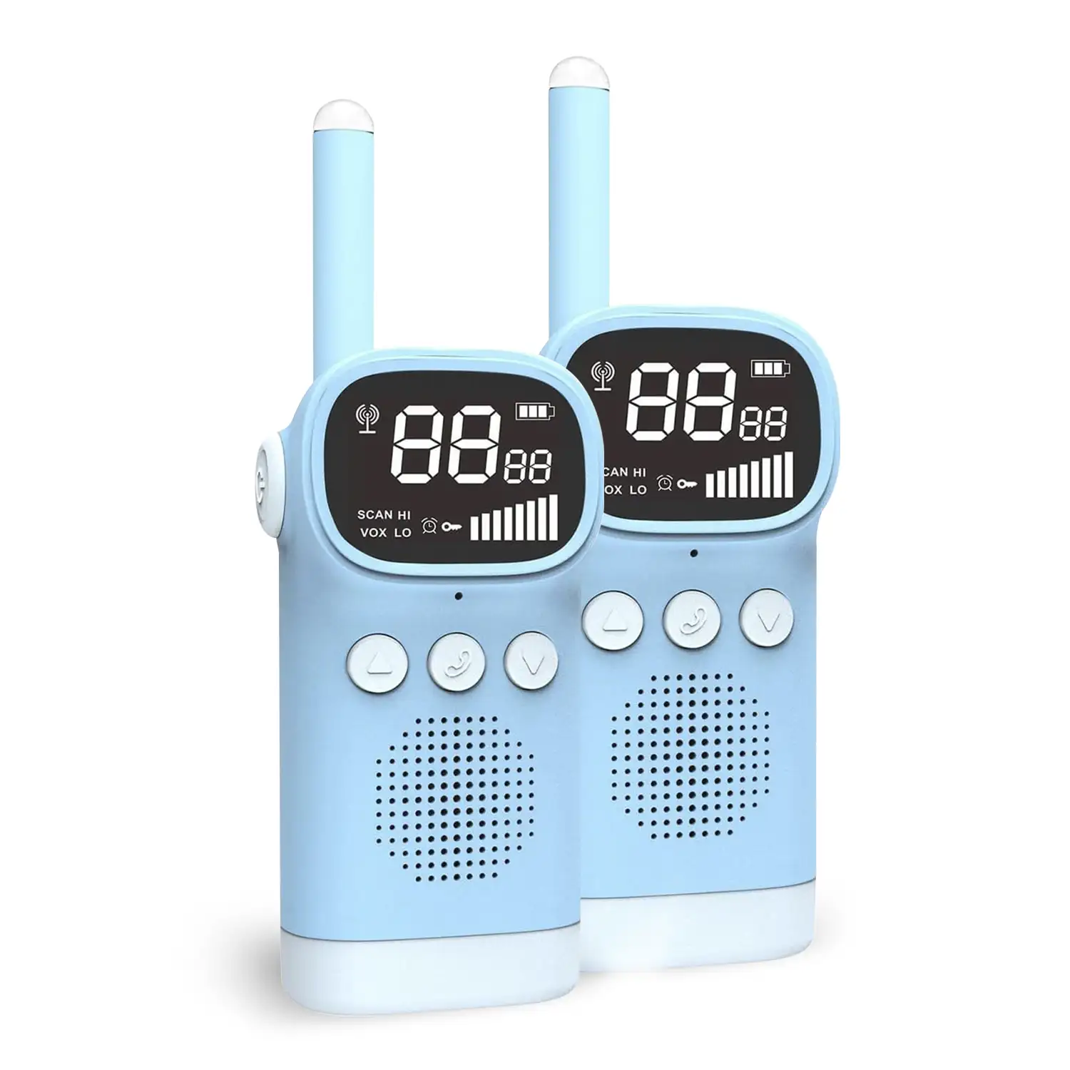 Walkie Talkies infantiles D20, 1-3 km, pantalla de 1,5 LCD, 99 códigos de grupo encriptados. 2 unidades.