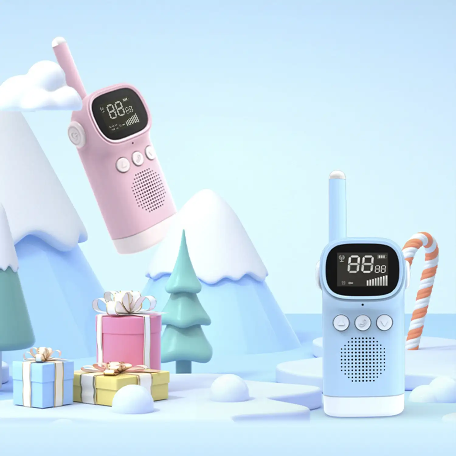 Walkie Talkies infantiles D20, 1-3 km, pantalla de 1,5 LCD, 99 códigos de grupo encriptados. 2 unidades.