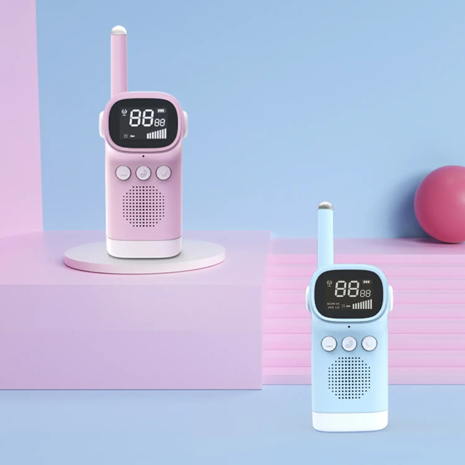 Walkie Talkies infantiles D20, 1-3 km, pantalla de 1,5 LCD, 99 códigos de grupo encriptados. 2 unidades.