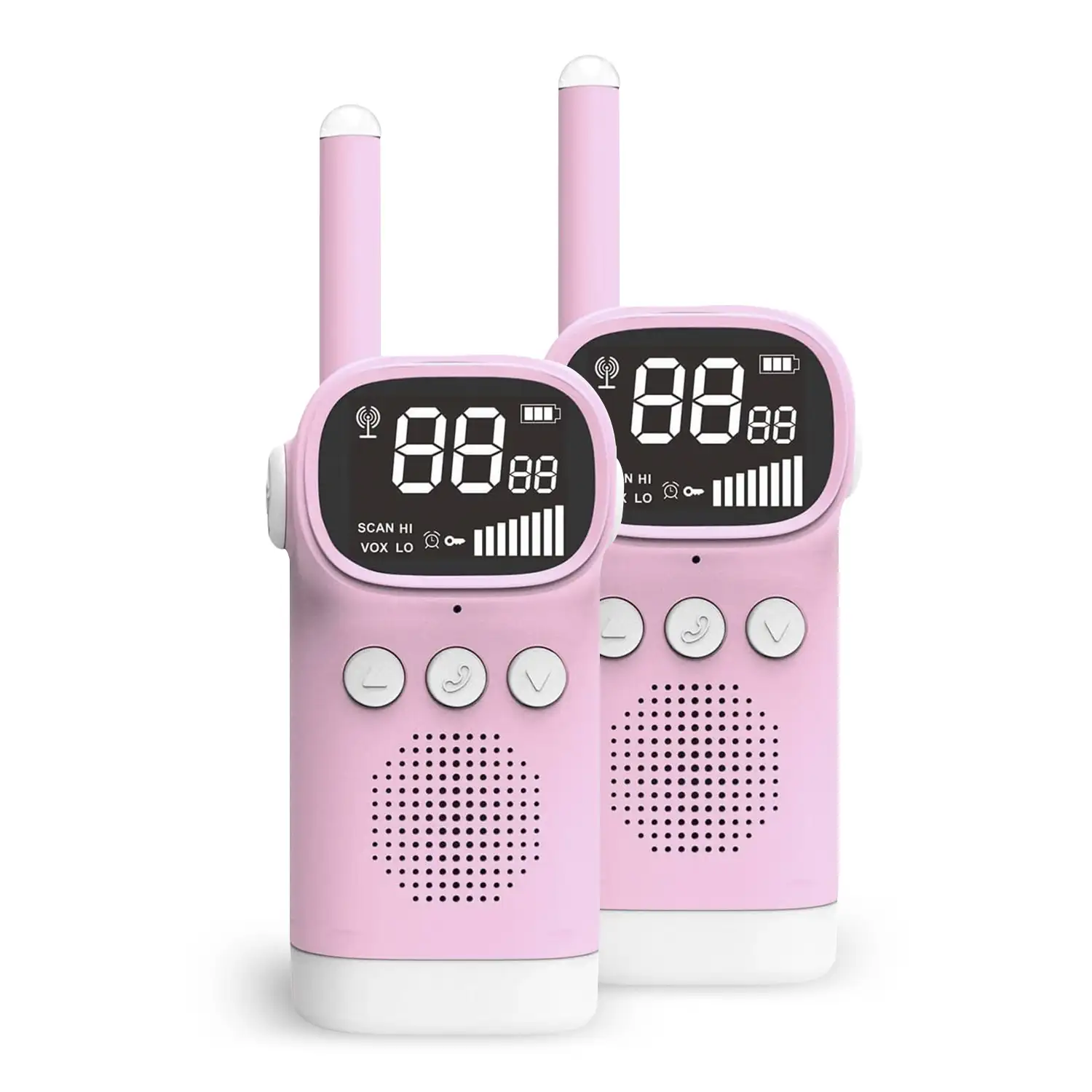 Walkie Talkies infantiles D20, 1-3 km, pantalla de 1,5 LCD, 99 códigos de grupo encriptados. 2 unidades.