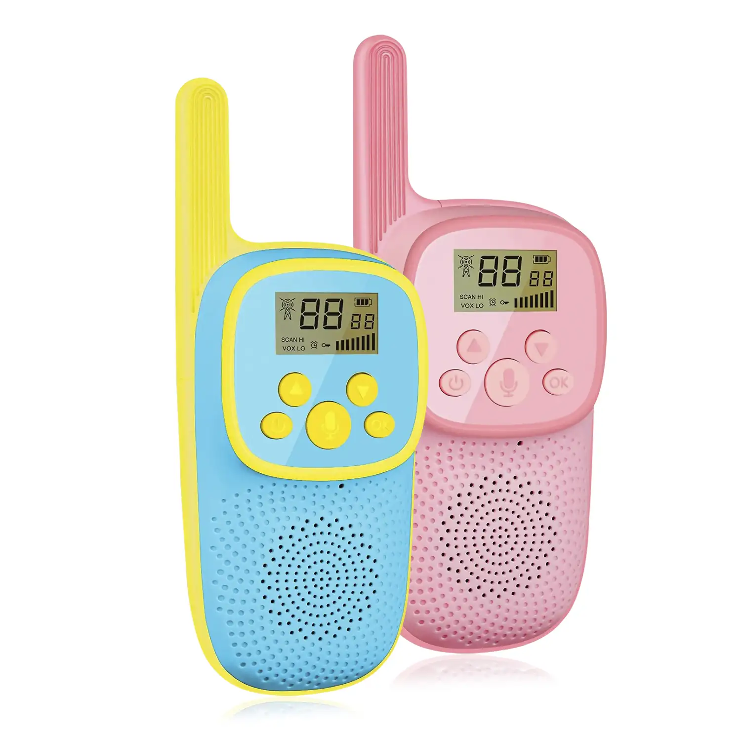 Walkie Talkies infantiles D21, 1-3 km, pantalla de 1,5 LCD, 99 códigos de grupo encriptados, luz LED. 2 unidades. Batería recargable.