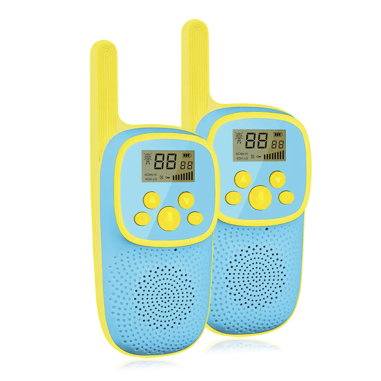 Walkie Talkies infantiles D21, 1-3 km, pantalla de 1,5 LCD, 99 códigos de grupo encriptados, luz LED. 2 unidades. Batería recargable.
