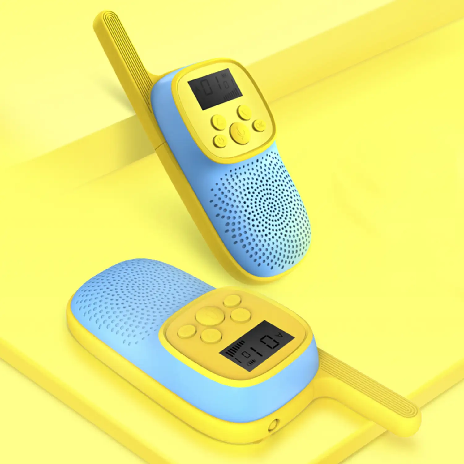 Walkie Talkies infantiles D21, 1-3 km, pantalla de 1,5 LCD, 99 códigos de grupo encriptados, luz LED. 2 unidades. Batería recargable.