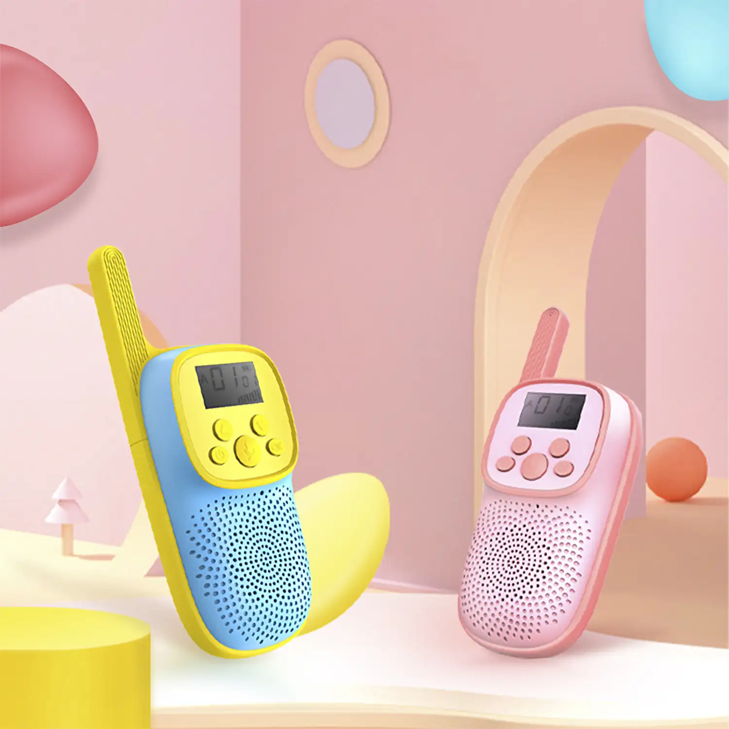 Walkie Talkies infantiles D21, 1-3 km, pantalla de 1,5 LCD, 99 códigos de grupo encriptados, luz LED. 2 unidades. Batería recargable.