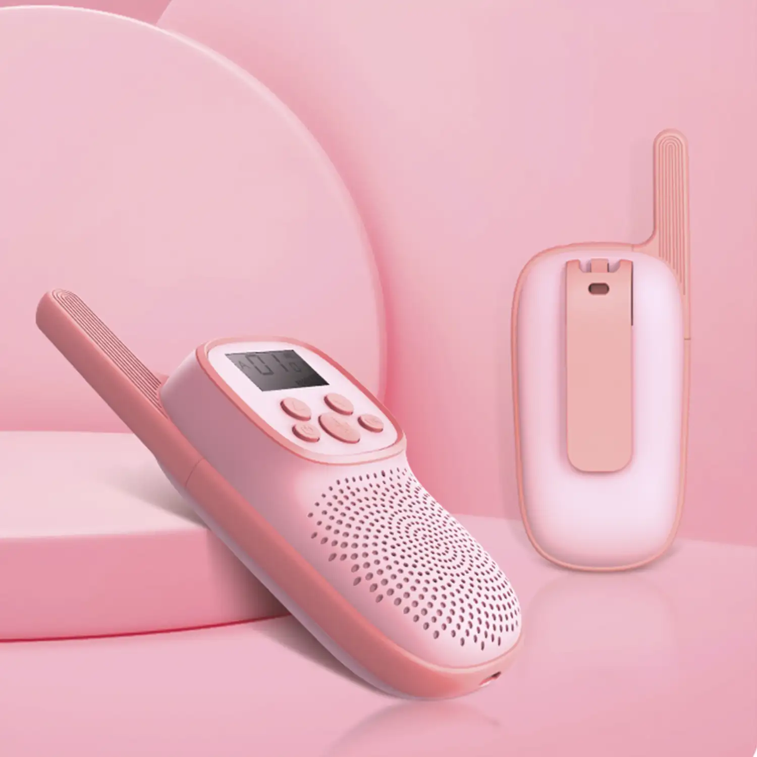 Walkie Talkies infantiles D21, 1-3 km, pantalla de 1,5 LCD, 99 códigos de grupo encriptados, luz LED. 2 unidades. Batería recargable.