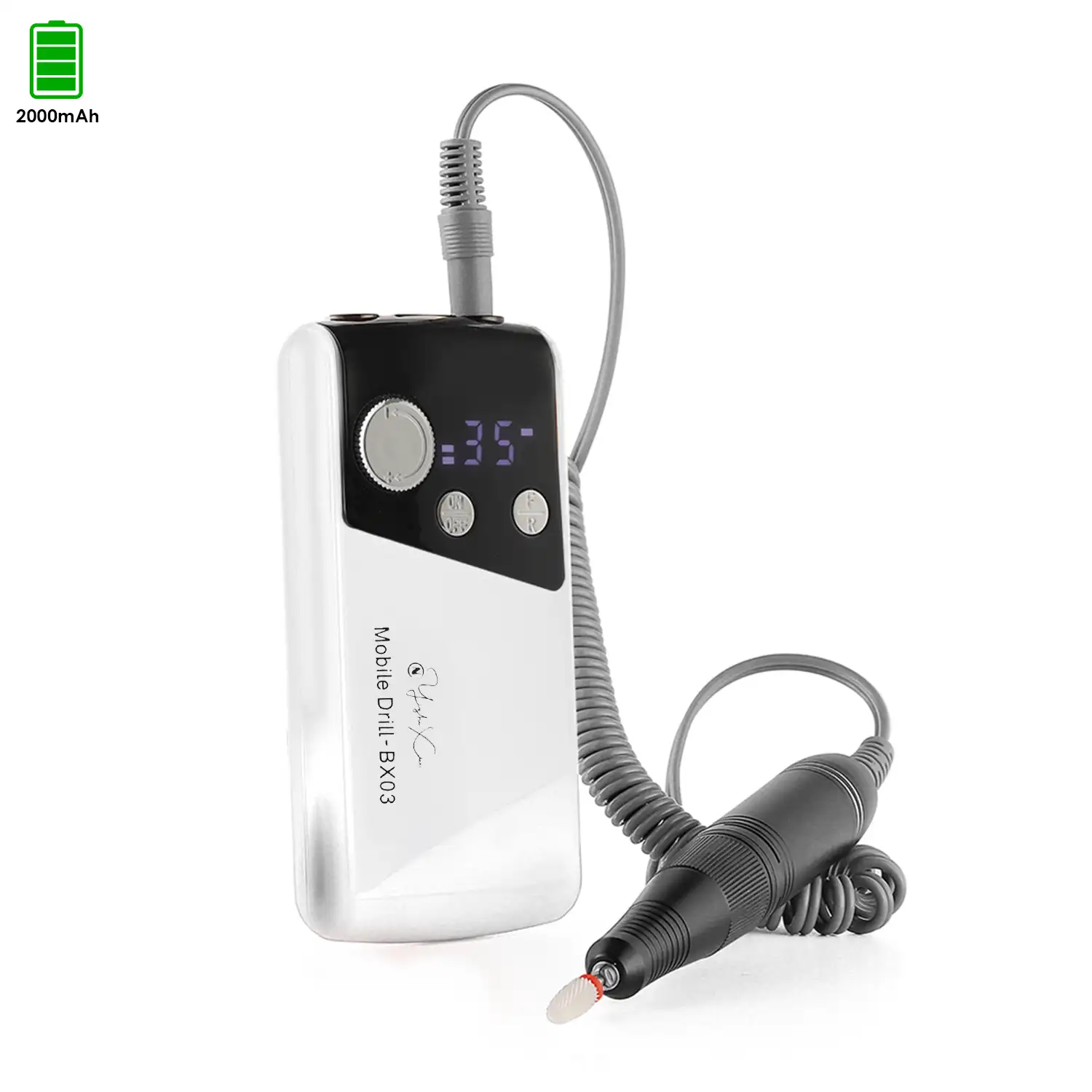 Pulidora de uñas con batería recargable de 2000mAh, hasta 35.000rpm. Velocidad regulable. Incluye 1 cabezal de pulido.