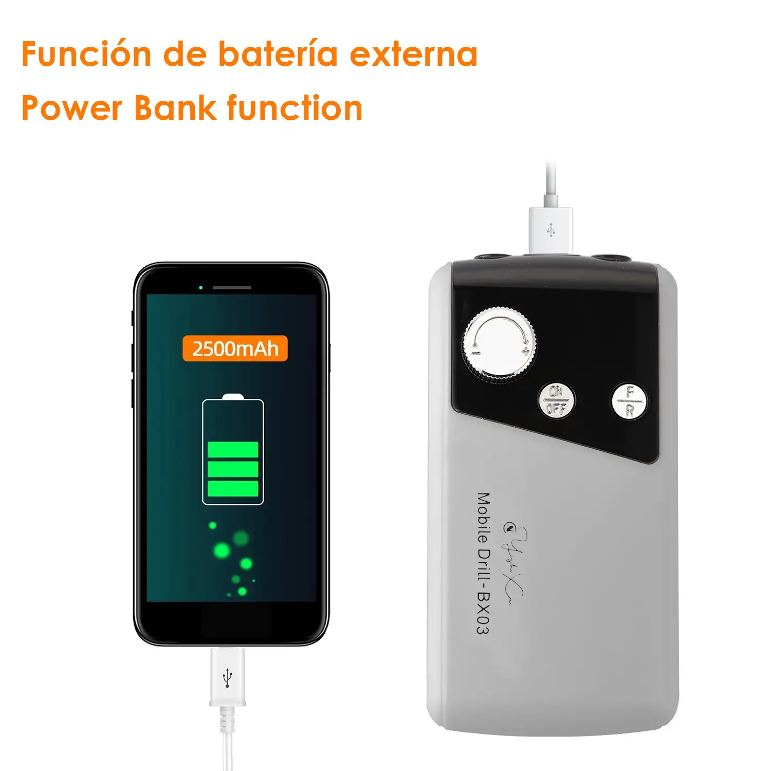 Pulidora de uñas con batería recargable de 2000mAh, hasta 35.000rpm. Velocidad regulable. Incluye 1 cabezal de pulido.