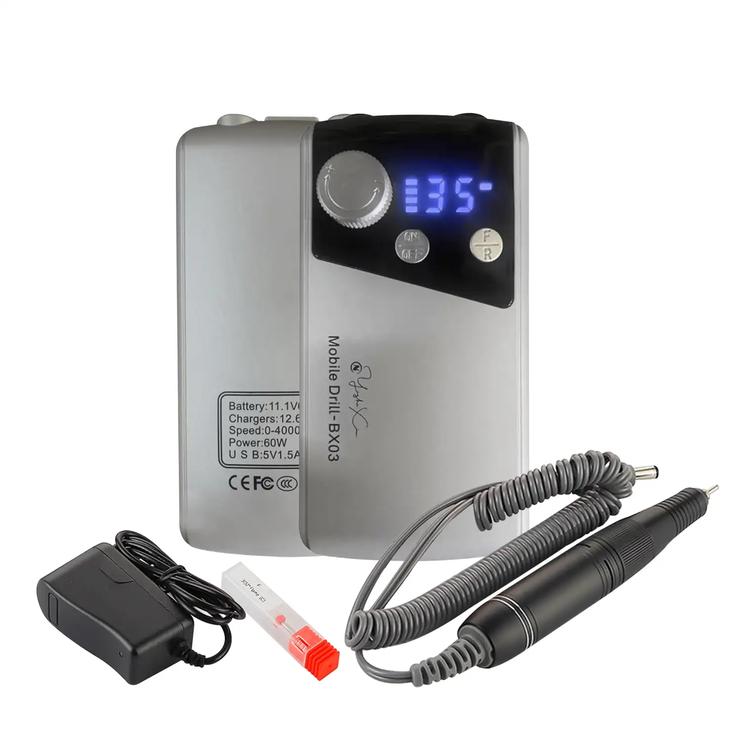 Pulidora de uñas con batería recargable de 2000mAh, hasta 35.000rpm. Velocidad regulable. Incluye 1 cabezal de pulido.