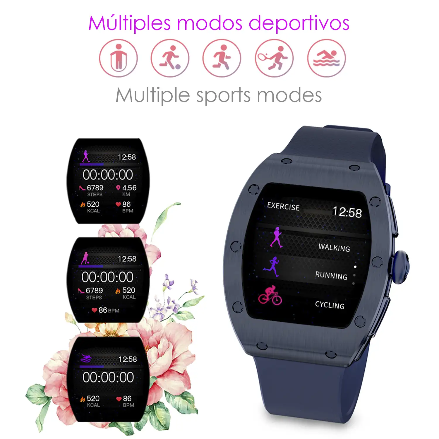 Smartwatch M7, especial muñecas finas, con monitor de tensión, oxígeno en sangre y cardíaco; 8 modos multideportivos. Notificaciones de Apps.