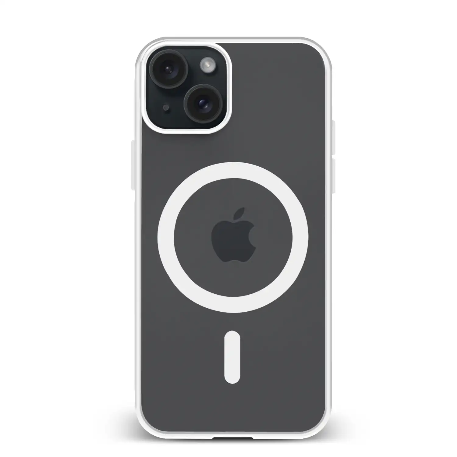 Carcasa híbrida antigolpes Magsafe para iPhone 15. Bordes de silicona y PVC posterior.
