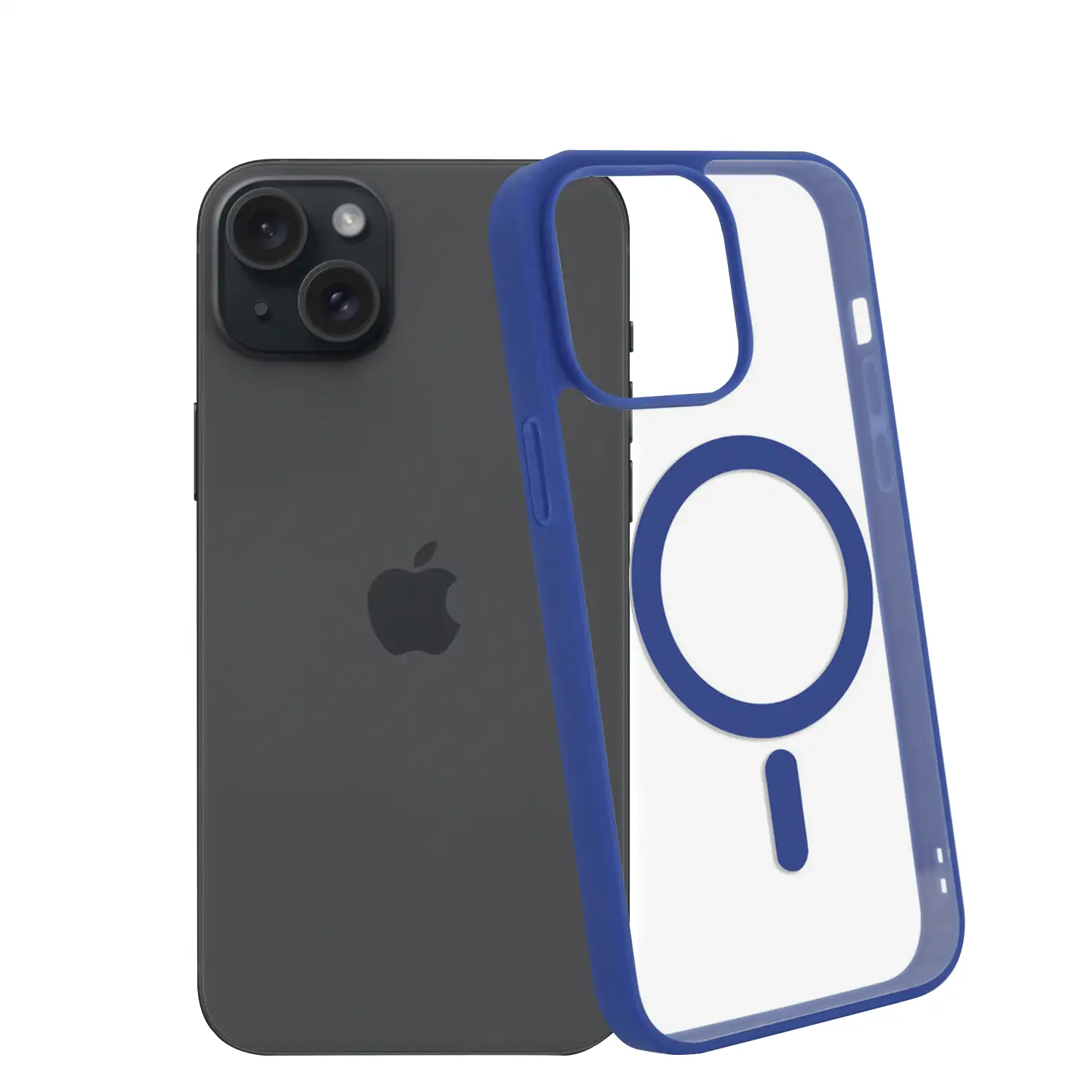 Carcasa híbrida antigolpes Magsafe para iPhone 15. Bordes de silicona y PVC posterior.