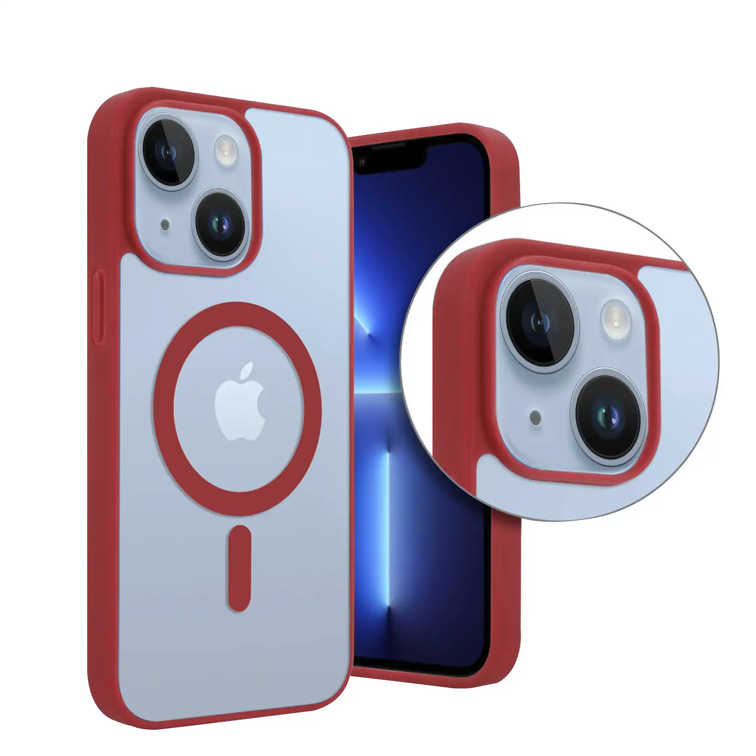 Carcasa híbrida antigolpes Magsafe para iPhone 15. Bordes de silicona y PVC posterior.