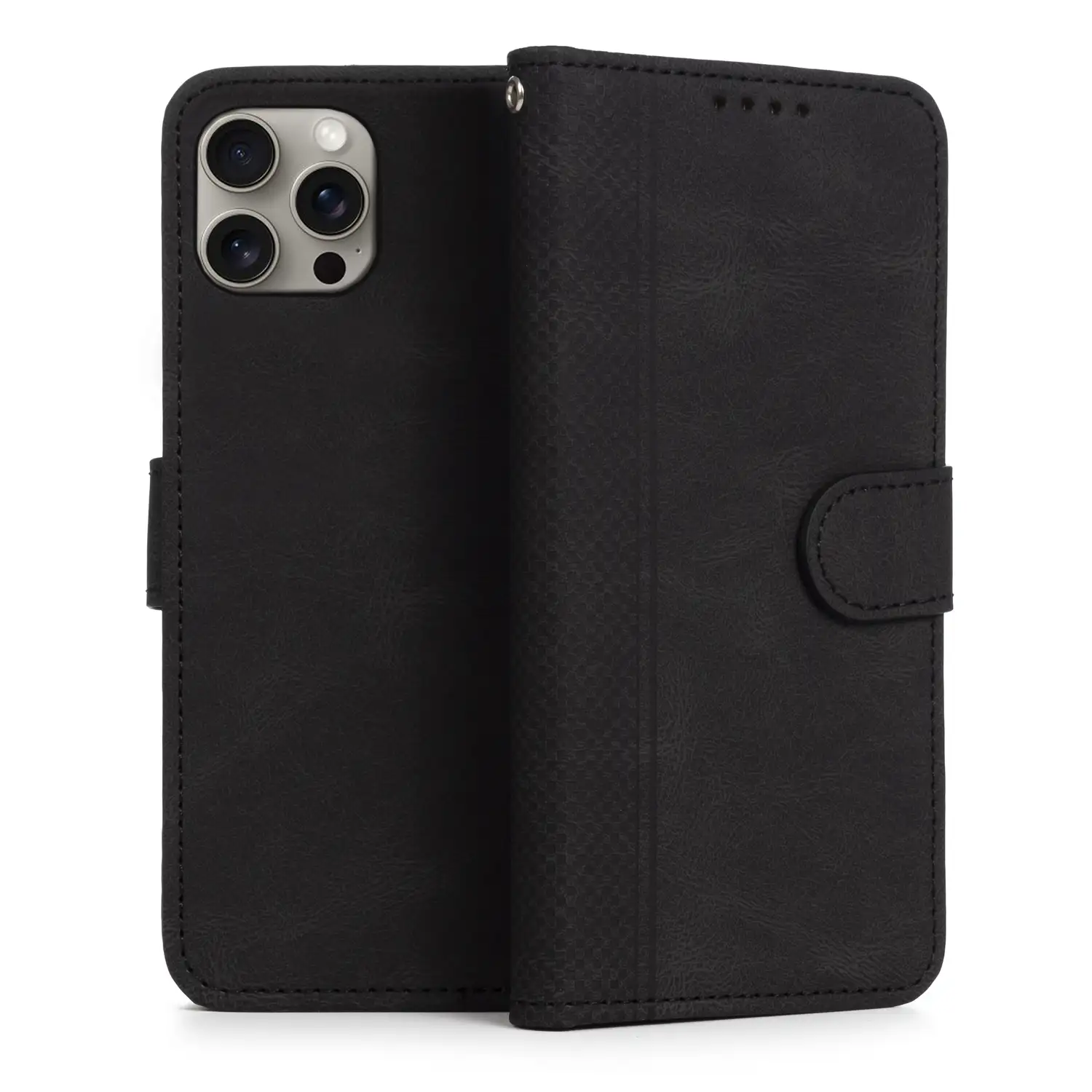 Funda antigolpes tipo libro simil piel para iPhone 12 / 12 Pro. Tarjetero interior, muñequera extraíble.
