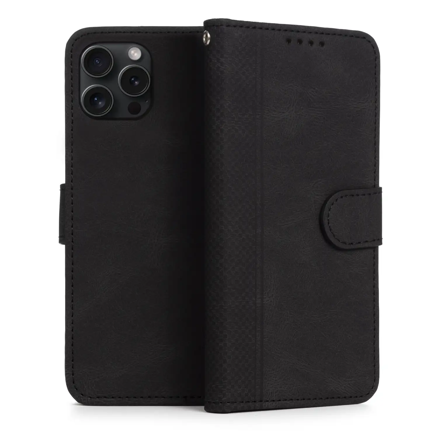 Funda antigolpes tipo libro simil piel para iPhone 12 Pro Max. Tarjetero interior, muñequera extraíble.