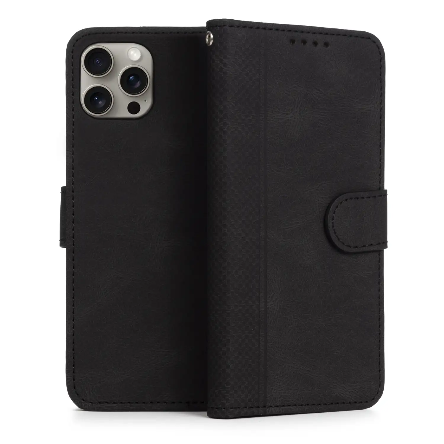 Funda antigolpes tipo libro simil piel para iPhone 13 Pro. Tarjetero interior, muñequera extraíble.