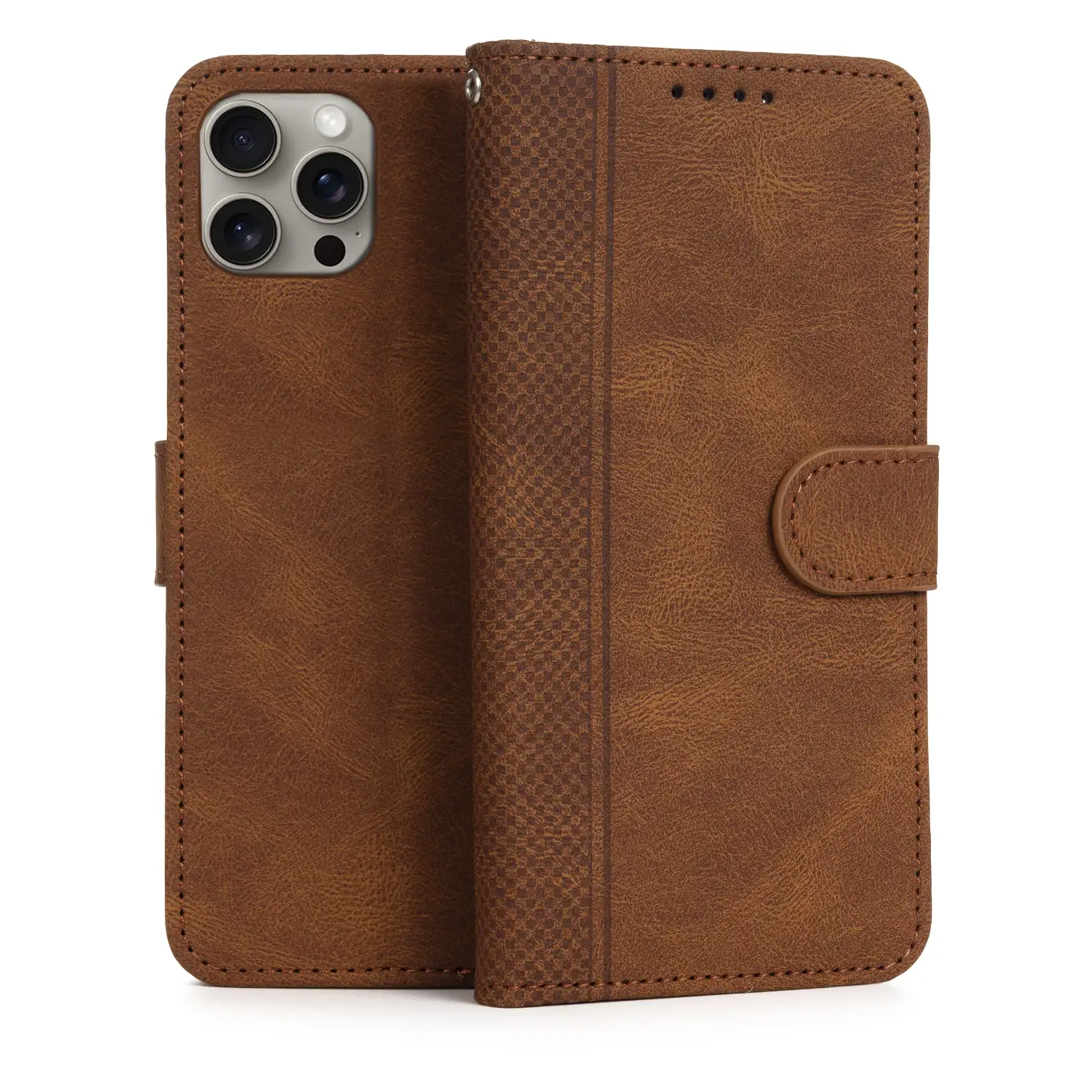 Funda antigolpes tipo libro simil piel para iPhone 13 Pro. Tarjetero interior, muñequera extraíble.